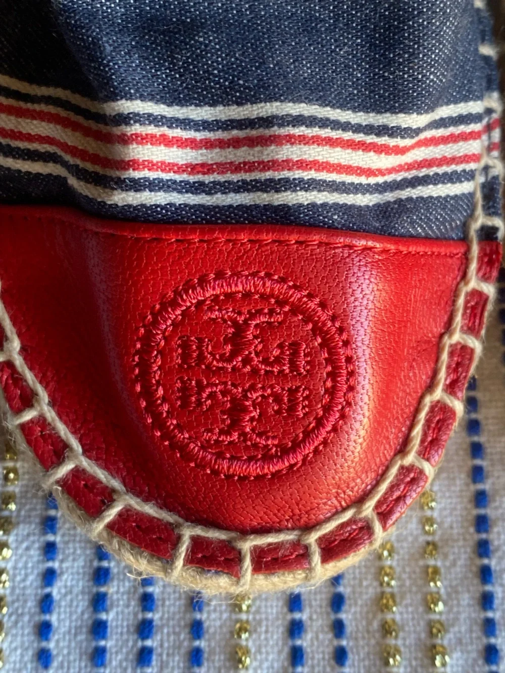 Tory Burch Red Blue White Stripe Cap Toe Colorblock Leather Espadrilles Sz 5 NEW